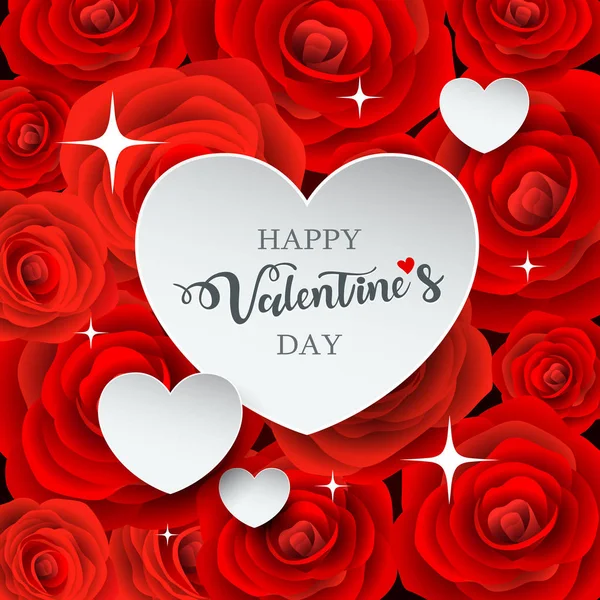Glücklicher Valentinstag Weißes Herzpapier Auf Rotem Rosenhintergrund Vektorillustration — Stockvektor