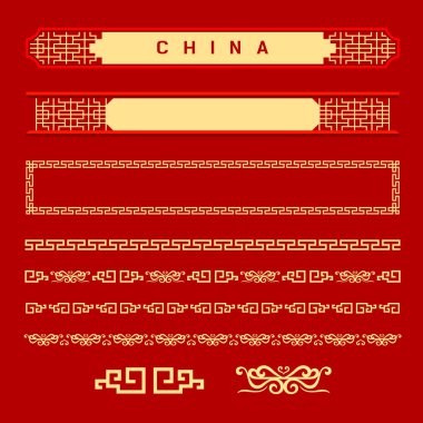 Çince tarzı koleksiyonları kırmızı arka plan, vektör çizimler üzerinde çerçeve