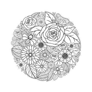 Tropikal çiçek beyaz arka plan üzerinde vektör illüstrasyon izole siyah ve beyaz tasarım çizim