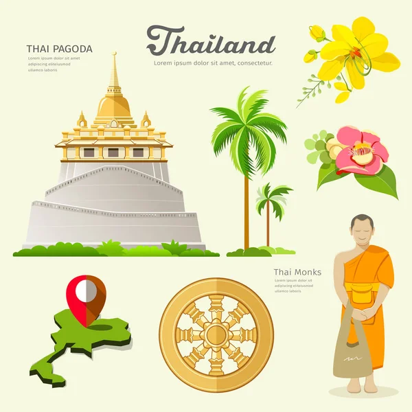 Pagoda Och Munkar Med Blomma Samlingar Thailand Vektorillustration — Stock vektor