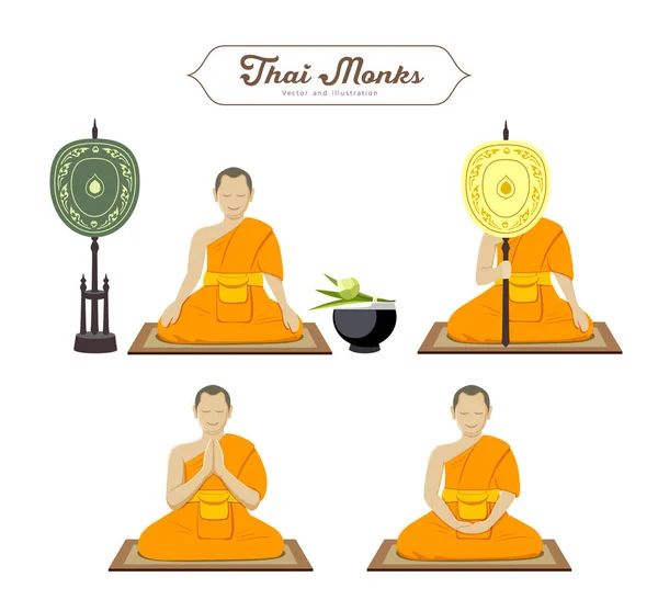 Kolekce Akce Thajských Mnichů Izolovaných Bílém Pozadí Vektorové Ilustrace — Stockový vektor