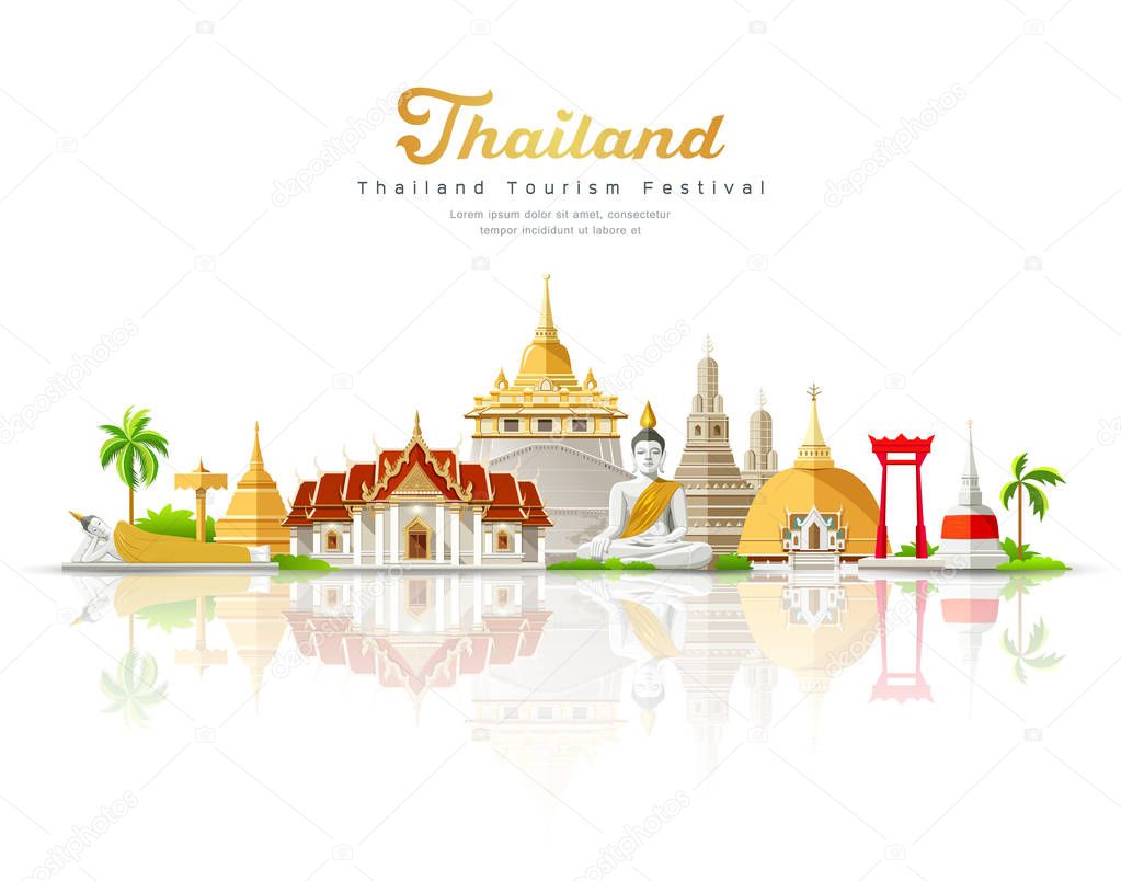 Thailand tourism festival building landmark on shadow isolated on white background, vector illustration