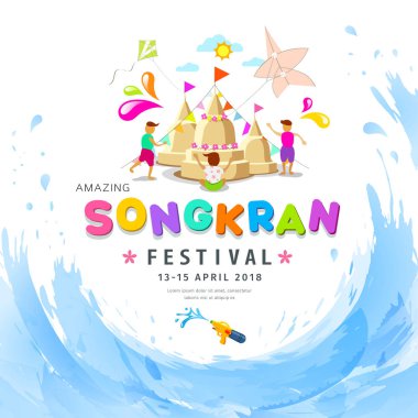 Songkran Festivali pagoda kum Tayland su sıçrama arka plan şaşırtıcı, illüstrasyon vektör