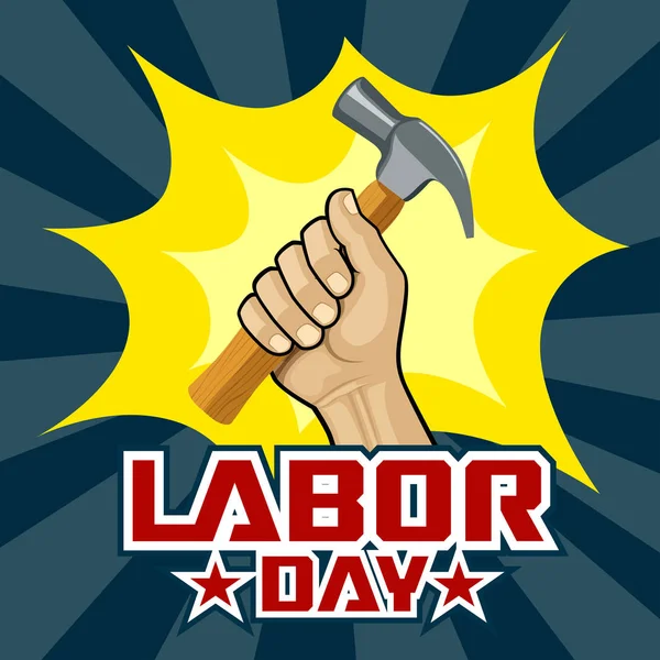 Happy Labor Día Mano Sosteniendo Diseño Del Concepto Martillo Ilustraciones — Vector de stock