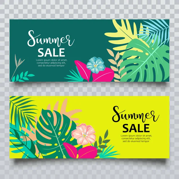 Banners Zomer Tropische Blad Verkoop Collectie Design Illustratie Vector — Stockvector