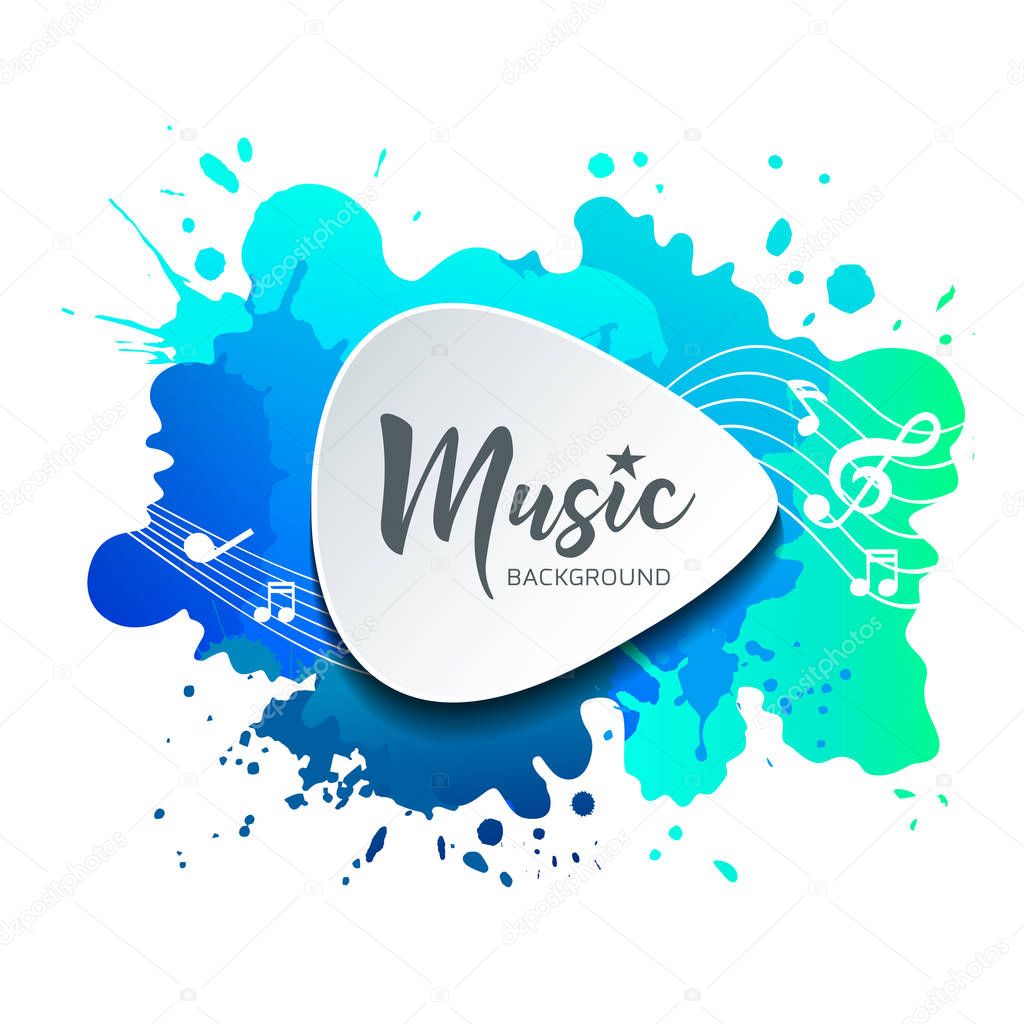 Vector white paper shape guitar pick blue and green watercolor background, illustration
