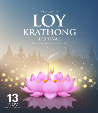 Loy krathong vektör festivali Tayland ve Bokeh soyut arka plan, illüstrasyon