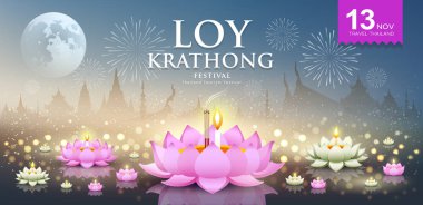 Loy krathong festivali Tayland vektör bokeh arkaplan pankartı tasarımı. resimleme