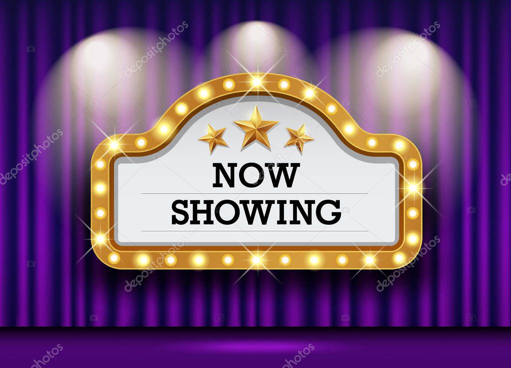Cinema Theater and sign light up curtains purple design background, vector illustration