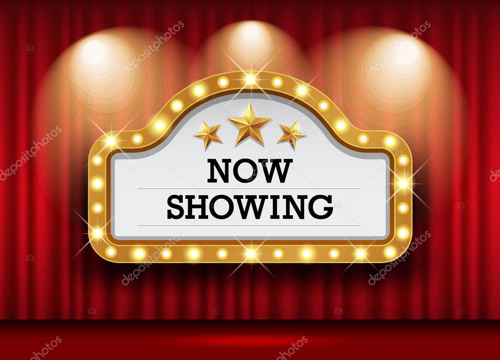 Cinema Theater and sign light up curtains red design background, vector illustration