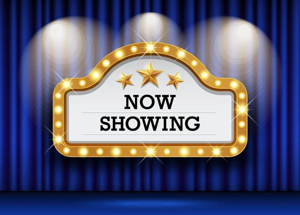 Cinema Theater Segno Illuminare Tende Sfondo Blu Design Illustrazione Vettoriale — Vettoriale Stock