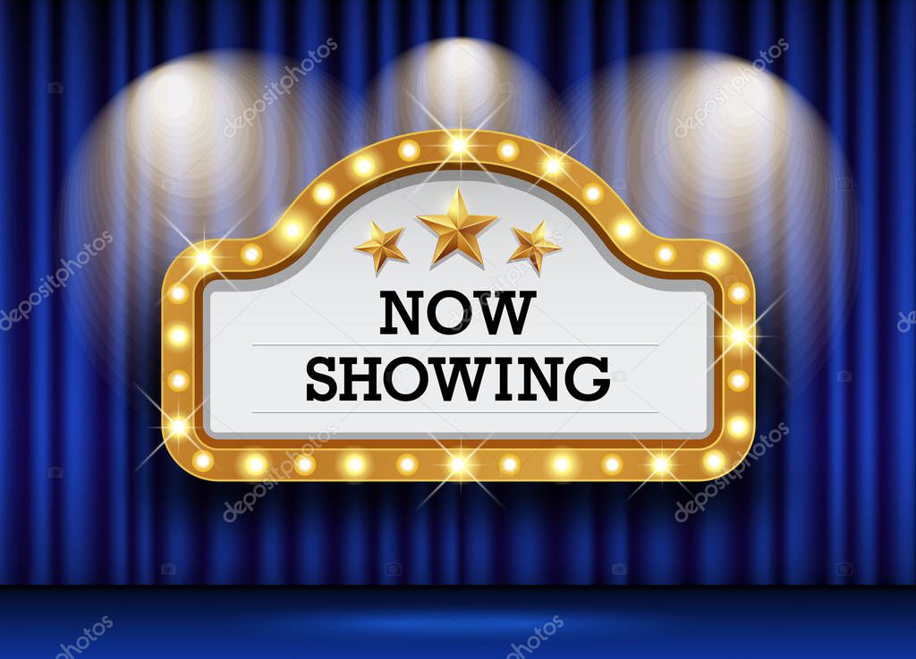 Cinema Theater and sign light up curtains blue design background, vector illustration