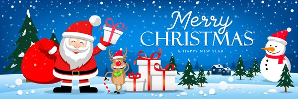 圣诞快乐圣诞老人和驯鹿笑与礼品盒旗帜设计雪片蓝色背景 矢量插图 — 图库矢量图片