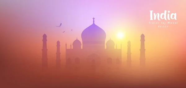 Tac Mahal Seyahat Hindistan Vektörü Siluet Renkli Günbatımı Arka Planı — Stok Vektör