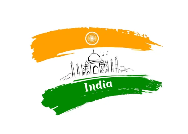 Taj Mahal Dibujo Dibujo Bandera India Cepillo Cigüeña Diseño Fondo — Archivo Imágenes Vectoriales
