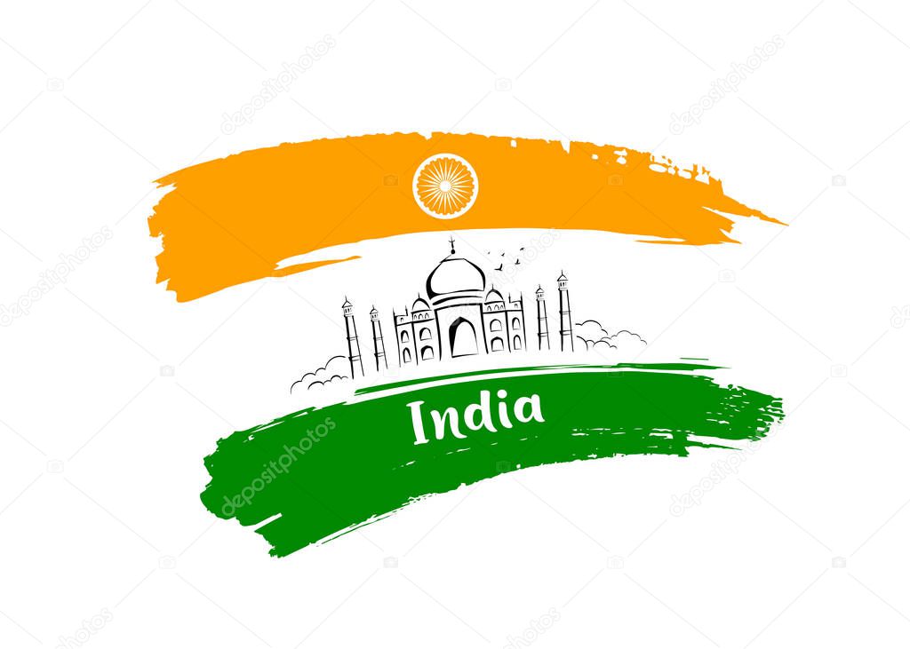 Taj Mahal sketching drawing flag of india brush storke design background, vector illustration