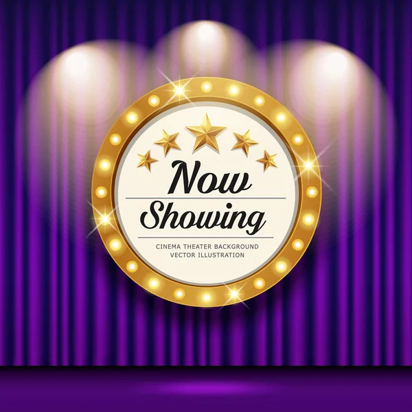 电影院矢量和圆形标志金色灯罩紫色设计背景 — 图库矢量图片