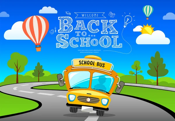 Vector Terug Naar School Bus Weg Boom Concept Banner Ontwerp — Stockvector