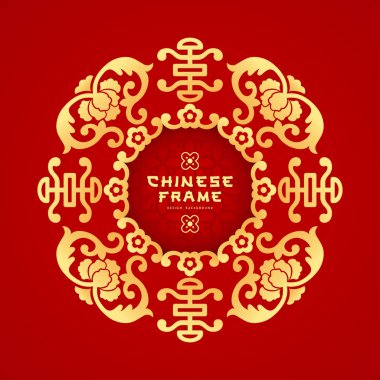 Kırmızı arkaplan ve resimde Çinli vektör çerçeve tarzı karşılama kartı çember tasarımı