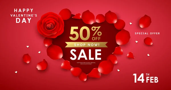 Happy Valentine Day Rose Petals Sale Design Red Background Vector — ストックベクタ