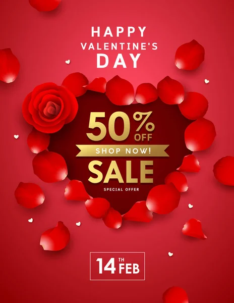 Happy Valentines Day Rose Sale Heart Shape Concept Poster Design — Stock Vector