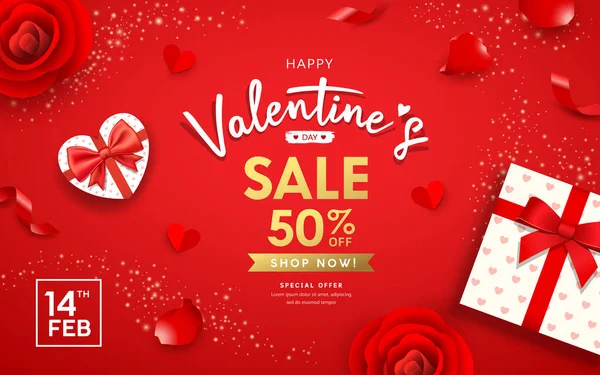 Happy Valentine Day Poster Banners Gift Box Heart Shape Rose — 스톡 벡터