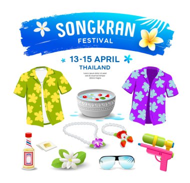 Songkran festivali Tayland koleksiyonu beyaz arkaplan ve vektör illüstrasyonunda izole edildi