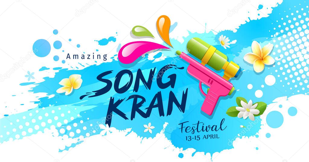 Amazing Thailand, Songkran, festival with gun and flower on water splash background, illustration