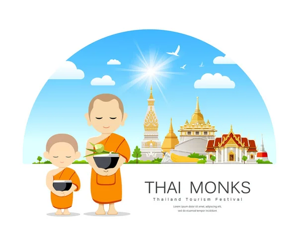 タイの僧侶ボウルとタイの初心者 仏教のタイの寺院の塔と青の背景 ベクトル図 — ストックベクタ