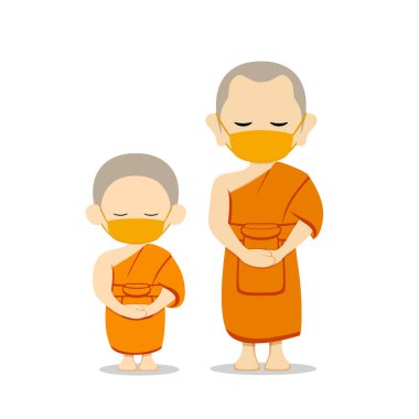 Keşişler ve acemiler Tayland, kumaş sarısı maskeyle bulaşıcı hastalıklar taşıyıcısını, illüstrasyonları engeller.