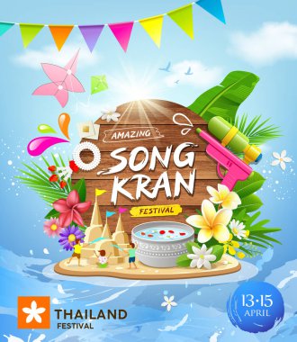 İnanılmaz Songkran festivali thailand this summer poster design on water splash blue background, vektör illüstrasyon