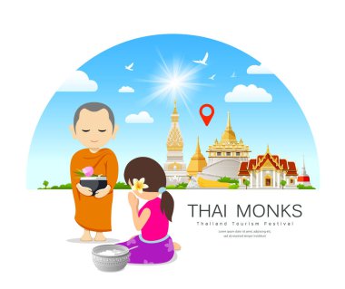 Tayland 'da Tayland rahiplerine sadaka veren kadınlar, inanç mimarisine saygı duyulan bir yer, tasarım, illüstrasyon