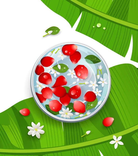 Фестиваль Сонгкран Таиланд Лепестки Роз Цветы Лист Миске Водой Фоне — стоковый вектор