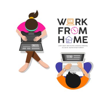 Erkekler ve kadınlar evlerinde oturup bilgisayarlarını kullanırlar. Beyaz arkaplanda izole edilmiş, vektör illüstrasyonu