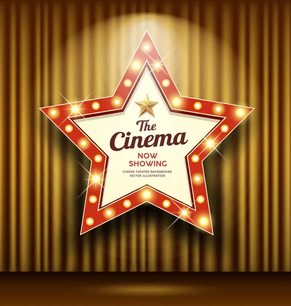 Cine Teatro Signo Estrella Forma Oro Cortina Iluminar Banner Diseño — Vector de stock