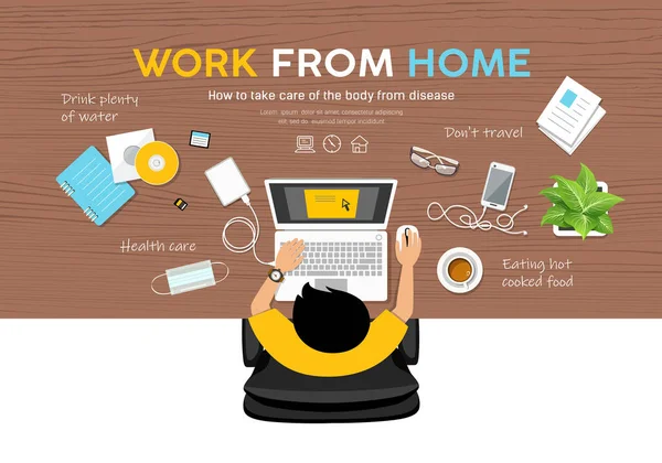 Man Work Home Desk Top View Design Wood Tabel Background —  Vetores de Stock