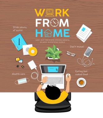 Man Work from home, desk top view design on wood tabel background poster design, vector illustration clipart