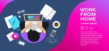 Evden çalışan adam iş bilgisayarı, üst görünüm tasarım renkli arkaplan, vektör illüstrasyonu