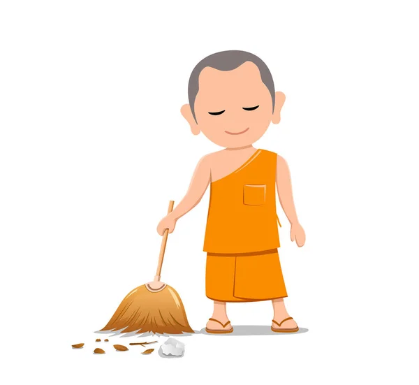Thai Monk Holding Broom Leaf Sweep Design Isolated White Background — Stock Vector