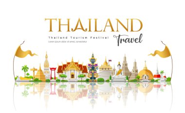 Tayland 'ın güzel seyahat binasına hoş geldiniz. Şehir simgesi, tasarım arka planı, vektör illüstrasyonu.