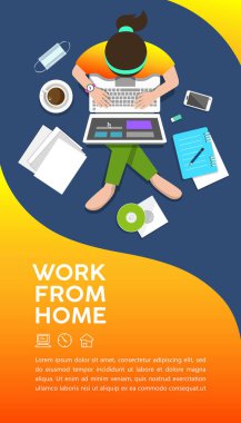 Evden çalışan kadın iş bilgisayarı, üst görünüm broşür poster tasarımı renkli arkaplan, vektör illüstrasyonu