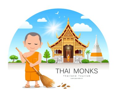Tayland keşişi yaprak temizleme tasarımı Tayland tapınağı ve pagoda arka planı, vektör illüstrasyonu