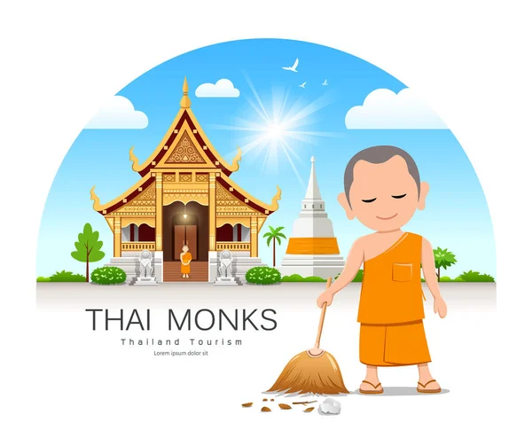Thai Monk Holding Broom Leaf Sweep Thailand Temple Pagoda Background — Stock Vector
