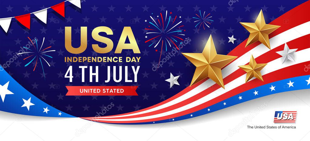 Independence day flag of america with golds and white stars banners design on blue background, vector illustration