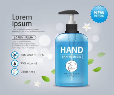 Alkol dezenfektanı jeli ve el yıkama şişe şablonu, yasemin kokusu, konsept tasarım, vektör illüstrasyonu