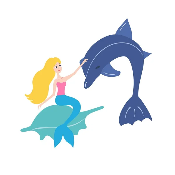 Sirena con ilustración de vectores de delfines — Vector de stock