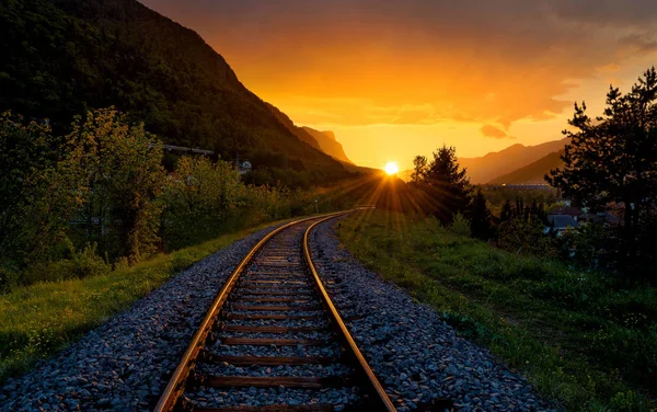 Railroad tracks in the setting sun — Stock Photo, Image