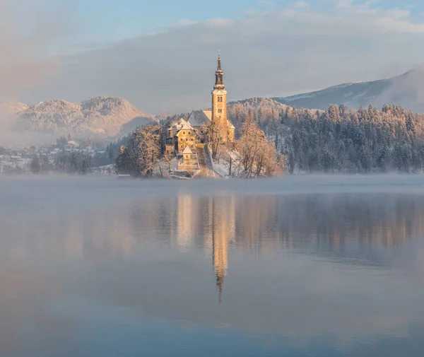Lago di Bled con la chiesa — Foto Stock