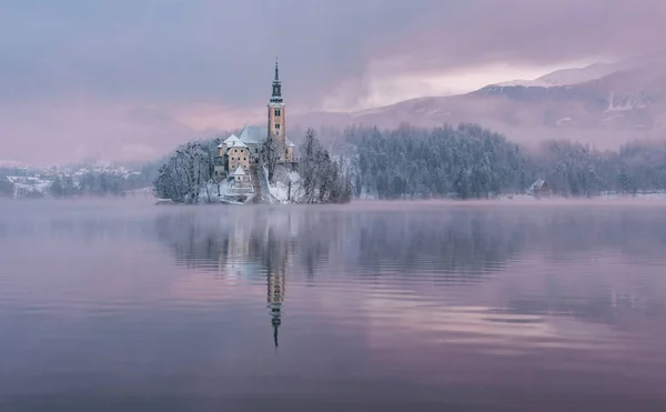 Lago di Bled con la chiesa — Foto Stock