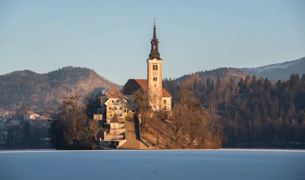Manhã de inverno no lago congelado Bled — Fotografia de Stock